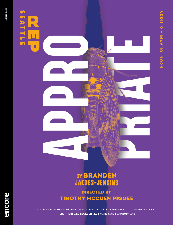 A stylized yellow and purple bug emerging from a seam in the purple backdrop, separating vertical type as the title. | Cover of Appropriate at Seattle Rep, 2026