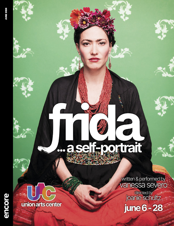 A woman in a black shawl and red skirt sits in front of a green floral backdrop. | Cover of Frida… a self portrait at Union Arts Center, June 2026