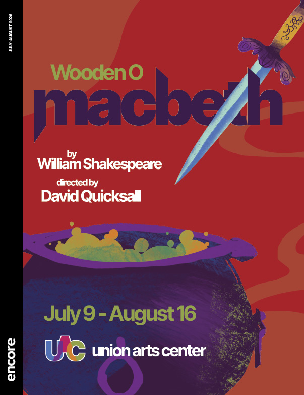 Illustration of a dagger atop a cauldron on a red background. | Cover of Wooden O: Macbeth for Union Arts Center, July/August 2026