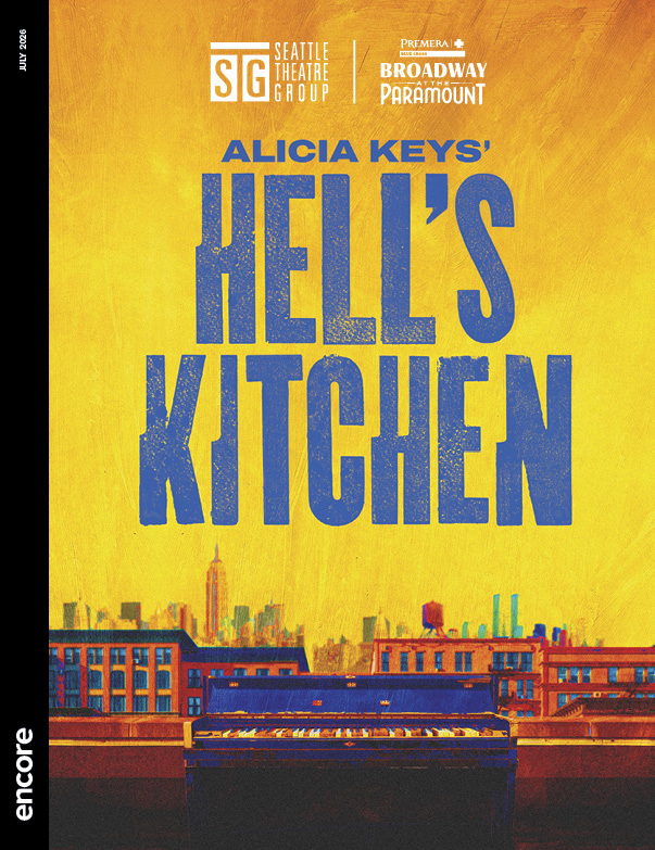 Illustration of a keyboard and a cityscape on a yellow backdrop. | Cover of Hell's Kitchen for STG's Broadway at the Paramount, July 2026