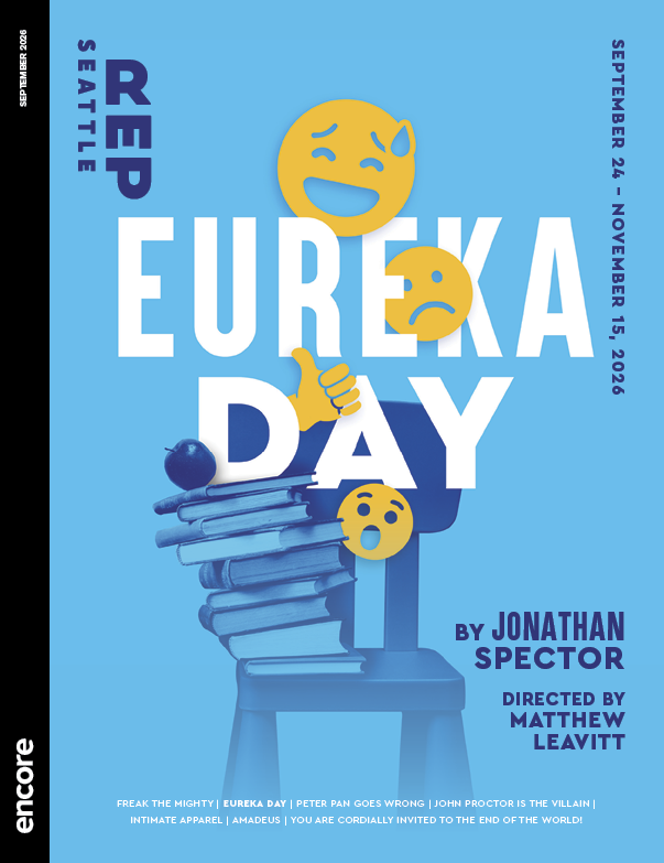 Photo illustration of laughing, crying, smiling emojis falling over a book-filled desk chair. | Cover of Eurkea Day for Seattle Rep, 2026