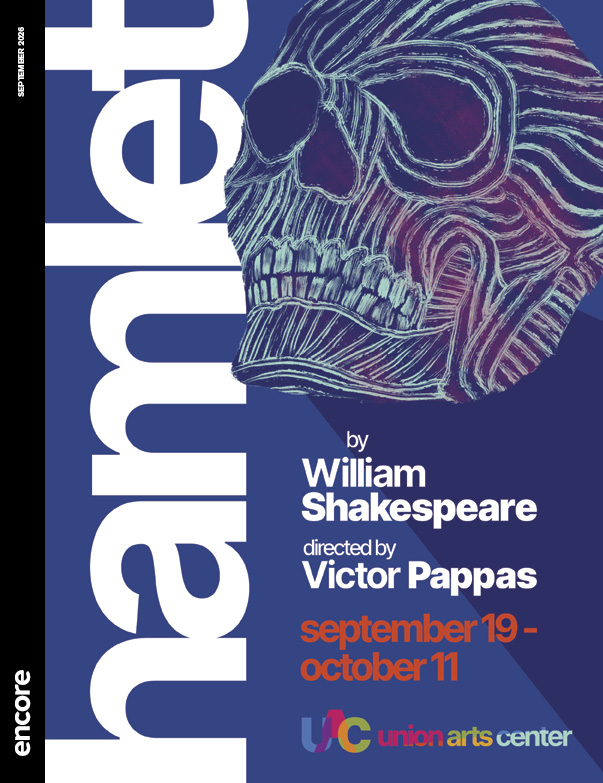 Illustration of a skull on dark navy/purple backdrop with Hamlet in large white letters. | Cover of Hamlet at Union Arts Center, 2026