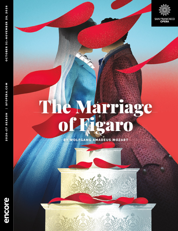 Illustration of a man and woman behind a wedding cake, obscured by rose petals. | Cover of The Marriage of Figaro at SF Opera, 2026