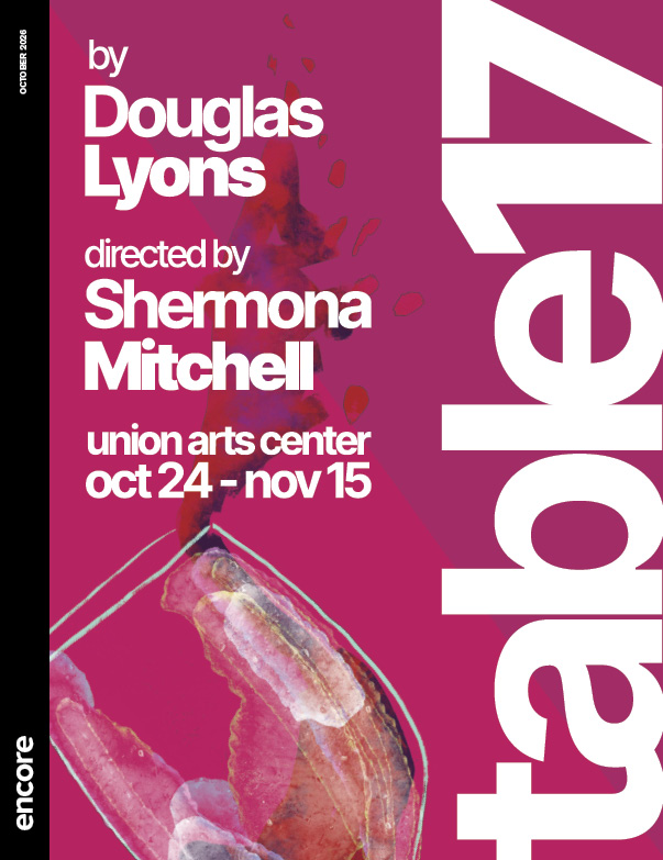 Liquid spilling out of a wine glass on a dark magenta background. | Cover of Table 17 at Union Arts Center, October 2026